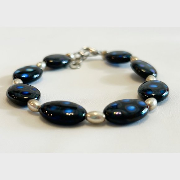 Spotted Black Czech Glass Bead Bracelet - Picture 3 of 3